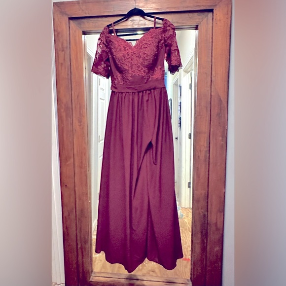 Floor length burgundy formal dress with lace bodice and slit on left leg - Picture 2 of 5